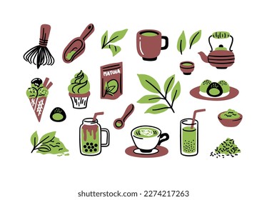 Vector matcha accesorios de té y conjunto de doodle de comida. Colección de objetos de té verde con pila de polvo de matcha, dulces, helados y hojas de té. Hechizo y whisky y paquete de ilustración de té verde