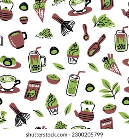 Vector matcha tea accessories and food doodle seamless pattern. Green tea objects with pile of matcha powder, candy, ice cream and tea leaves. Kettle and whisk and package of green tea illustration