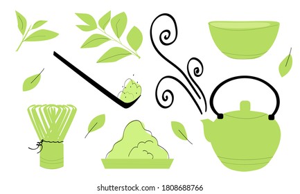 Vector matcha tea set. Green and black elements for the tea ceremony isolated on white background. Simple items to decorate menus, foods, restaurants and more.