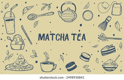 Vector matcha tea themed background illustration.