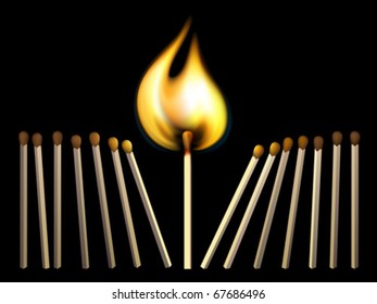 Vector matchsticks and fire on black background. Created using gradient meshes.