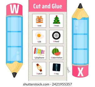 Vector material for children to learn the alphabet. Cut out the cards and glue them onto pencils.
