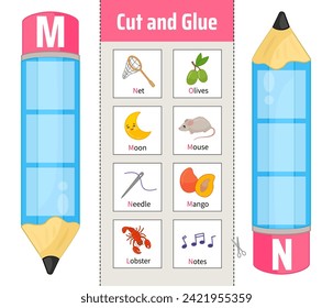 Vector material for children to learn the alphabet. Cut out the cards and glue them onto pencils.
