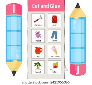 Vector material for children to learn the alphabet. Cut out the cards and glue them onto pencils.
