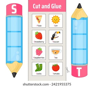 Vector material for children to learn the alphabet. Cut out the cards and glue them onto pencils.
