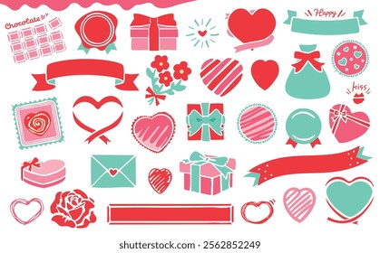 Vector material of cute hand-drawn illustrations and frames of Valentine's Day chocolates, hearts, ribbons, and presents