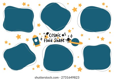 Vector material of fluid shapes. Pop cosmic image. Illustrations of stars, space rockets, and planets floating in the night sky.