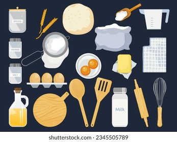 Ilustración de material vectorial equipo de panadería utensilios de cocina lindo dibujo de fondo oscuro.