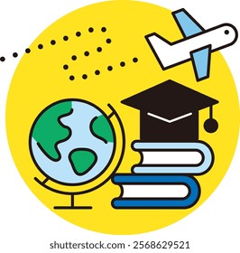 Vector material related to global education and studying abroad. An illustration with a globe, a book, and an airplane.