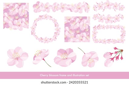 Vector material set of realistic and cute frames and illustrations of cherry blossoms in full bloom.