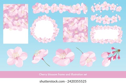 Vector material set of realistic and cute frames and illustrations of cherry blossoms in full bloom.