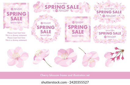 Vector material set of realistic and cute frames and illustrations of cherry blossoms in full bloom.