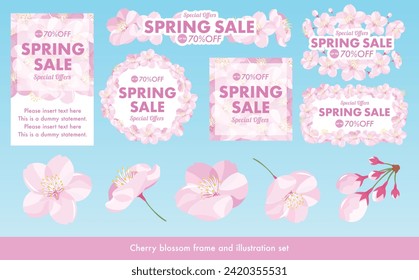 Vector material set of realistic and cute frames and illustrations of cherry blossoms in full bloom.