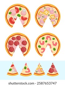 Vector material for teaching children. Pick up a slice from each pizza. Cartoon pizza image.
