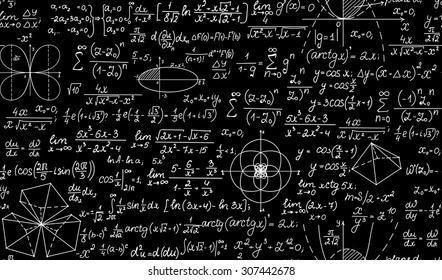 Vector math endless pattern with formulas, figures and handwritten plots. Endless texture. You can use any color of background