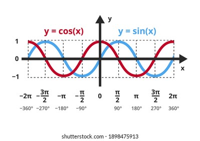 Vector mathematical function y=sin x and y=cos x. The sine and cosine functions in a graph, chart. trigonometric or goniometric functions. The icon is isolated on a white background. Sine, cosine wave