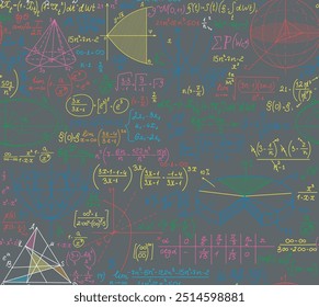 Vector mathematical seamless background with formulas, handwritten with colorful chalk on a grey blackboard