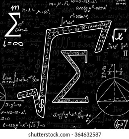 Vector mathematical seamless pattern with various mathematical signs, figures and calculations. Scientific endless texture