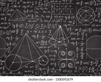 Vector mathematical seamless texture with formulas, chalk on the grey blackboard effect