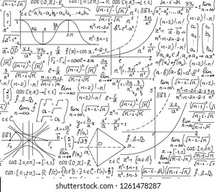 Vector mathematical seamless texture with handwritten algebra and geometry formulas, functions, calculations