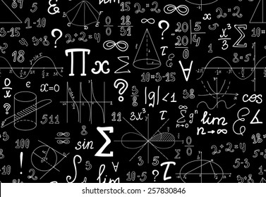 Vector mathematical seamless texture with various mathematical signs, figures and handwritten numbers