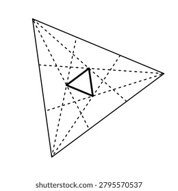 Vector mathematics diagram demonstrating Morley's Trisector Theorem (Morley's Miracle) on an isolated white background. The figure features a primary large scalene triangle outlined in black lines. From each vertex, six dashed black lines extend outward to accurately trisect the three interior angles. The intersection points of these adjacent angle trisectors perfectly converge at the center to form a hidden, perfectly balanced equilateral triangle.