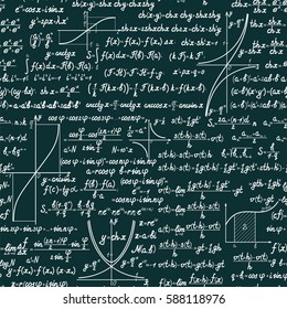 Vector mathematics seamless pattern with different signs, figures, formulas and graphs of functions. Math green chalkboard background