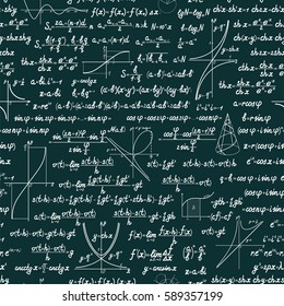 Vector mathematics seamless pattern with different signs, figures, formulas and graphs of functions. Math green chalkboard background