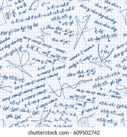 Vector mathematics seamless pattern with different signs, figures, formulas and graphs of functions. Math workbook background