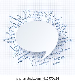 Vector Maths background with speech bubble on workbook backdrop with different formulas, graphs