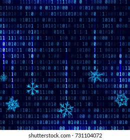 Vector matrix style binary background with falling snowflakes