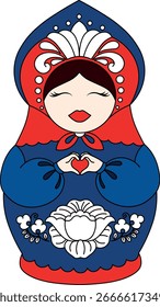 Muñeca de Vector matryoshka en un kokoshnik haciendo un corazón con las manos. Estilo popular eslavo rojo y azul con adorno floral. Clipart ruso tradicional, aislado en blanco.