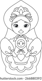 Vector madre matryoshka sosteniendo una Pequeña muñeca de anidación con corazón. Contorno blanco y negro en kokoshnik, estilo popular eslavo. Dibujo para colorear, imprimible y plantilla, aislado en blanco.