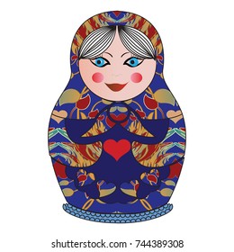 Vector matryoshka with vintage colorful pattern. Ornamental traditional isolated Russian doll. Blue babushka doll with red love hearts, flowers , ethnic floral ornaments on white background. 