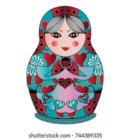 Vector matryoshka with vintage colorful pattern. Ornamental traditional isolated Russian doll. Blue babushka doll with red love hearts, flowers , ethnic floral ornaments on white background. 