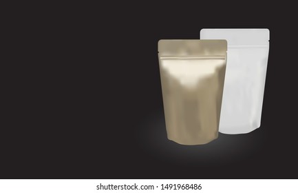 Vector of matte black and white ziplock bag package stand up on black background. Advertising copy space illustration