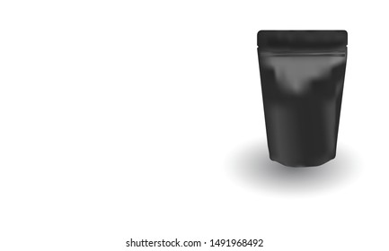 Vector of matte black ziplock bag package stand up on white background. Advertising copy space illustration