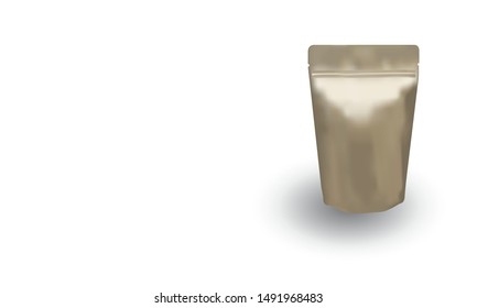 Vector of matte gold ziplock bag package stand up on white background. Advertising copy space illustration