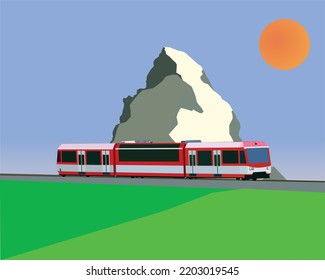 Un vector del pico de Matterhorn con tren eléctrico en movimiento. Atracción majestuosa en Suiza.