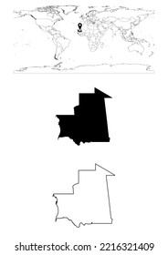 Vector Mauritania map, map of Mauritania showing country location on world with solid and outline maps for Mauritania on white background. File is suitable for digital editing and prints of all sizes.