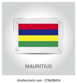 Vector Mauritius Flag glass plate with metal holders - Country name label in bottom - Gray background vector illustration
