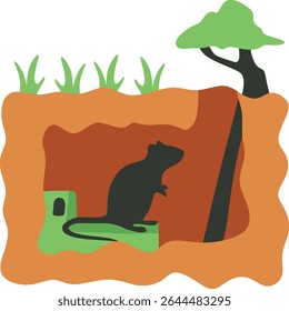 Vector of mause inside soil tunnel under tree and grass
