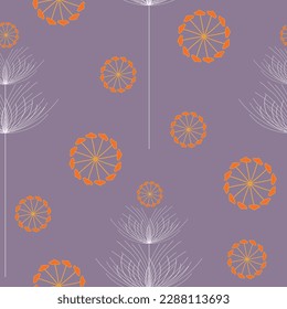Vektor-Lila-Muster: Pilze und Blumen. Kleine orangefarbene Räder von Pilzen, die auf weißem Hintergrund tanzen. Teil der Kollektion von Spirit Blumen.