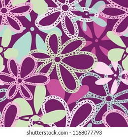 Vector mauve sophisticated Garden Tea Party textured floral layered coordinate seamless pattern background. Perfect for fabric, scrapbooking, giftwrap, wall paper projects, stationary, quilting.
