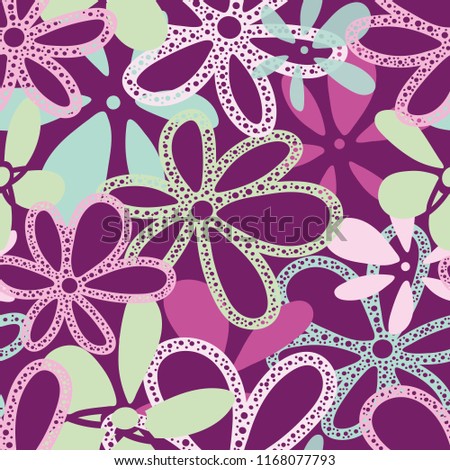 Vector mauve sophisticated Garden Tea Party textured floral layered coordinate seamless pattern background. Perfect for fabric, scrapbooking, giftwrap, wall paper projects, stationary, quilting.

