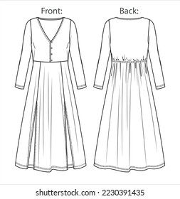 Vector maxi bohemian dress fashion CAD, woman flared V neck long dress technical drawing, template, sketch, flat, mock up. Jersey or woven fabric maxi dress with front, back view, white color