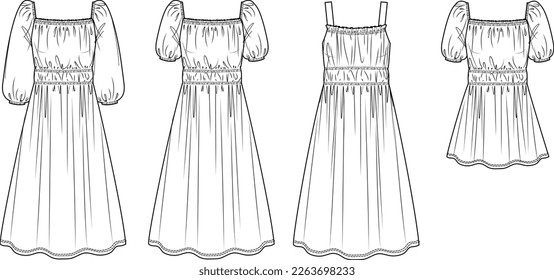 Vector maxi bohemian dress fashion CAD, woman flared square neck long dress technical drawing, template, sketch, flat, mock up. Jersey or woven fabric mini 4 pcs dress with front view, white color