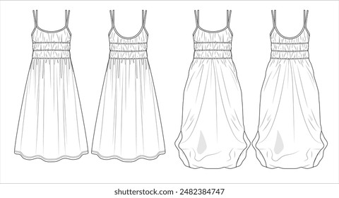 Vector maxi bohemian dress fashion CAD, woman flared round neck long dress technical drawing, template, sketch, flat, mock up. Jersey or woven fabric mini 2 pcs dress with front view, white color