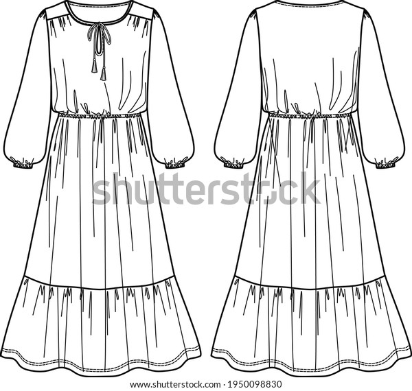 Vector\
maxi bohemian dress fashion CAD, woman flared round neck long dress\
technical drawing, template, sketch, flat, mock up. Jersey or woven\
fabric dress with front, back view, white\
color