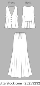 Vector maxi draped skirt and vest technical drawing, tailored sleeveless blouse and long flared skirt fashion CAD, sketch, template.Skirt vest 2 pcs set in woven fabric , front back view, white color